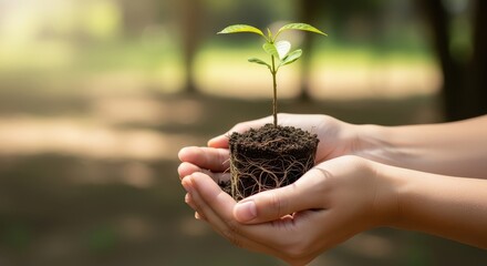 Hands Holding Seedling Over Soft Background
