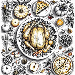 Watercolor illustration of traditional Thanksgiving dinner: roast turkey, harvest vegetables, fruit, pie, and autumn decor. Festive holiday feast in vintage hand-drawn style