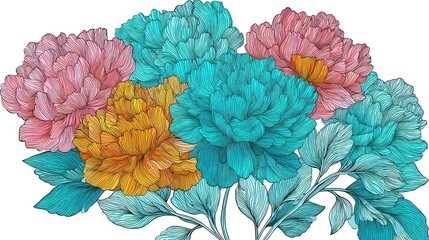 A vibrant bouquet of colorful peonies, featuring pink, blue, and yellow flowers, set against a white background with a subtle gradient effect.