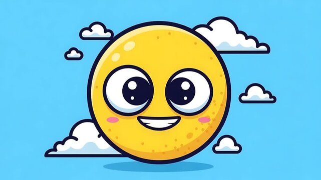 Animated Smiling Sun Cartoon Character with Clouds on Sky Background Motion Graphic