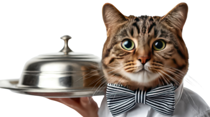 The Purrfect Service: A well-groomed feline, dressed impeccably in a formal suit and bow tie, extends a tray for a meal, embodying the essence of hospitality with a touch of charm.