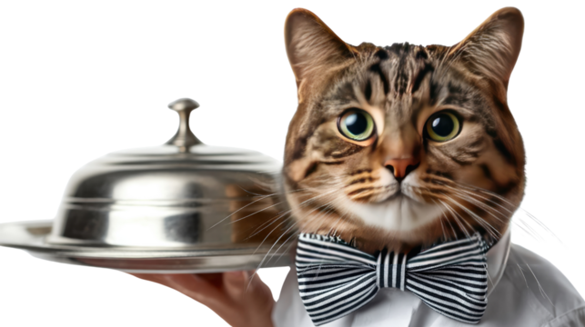 The Purrfect Service: A well-groomed feline, dressed impeccably in a formal suit and bow tie, extends a tray for a meal, embodying the essence of hospitality with a touch of charm.