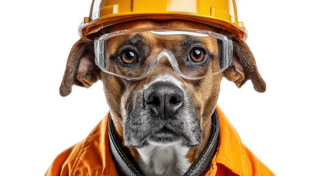 Canine Construction Worker: A dog with a determined gaze sports a yellow hard hat and protective eyewear, ready to tackle any construction challenge.