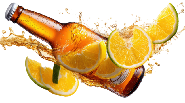  Refreshing Citrus Splash: A bottle of golden beer is artfully combined with juicy orange slices, creating a dynamic splash of refreshing flavors and vibrant colors.