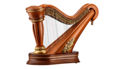 Melodic Resonance: An elegant harp, a symbol of musical artistry, stands as a testament to the timeless beauty of sound, with intricate detail and a warm, inviting presence.