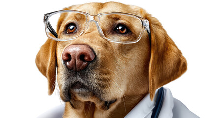 Clever Canine with Glasses: A smart, golden retriever sports eyeglasses and a professional coat, exuding intelligence and charm. The image speaks of a clever pet or a whimsical portrait.