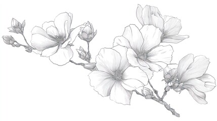 A detailed black and white illustration of a magnolia branch with flowers and buds, set against a white background with a soft shadow effect.