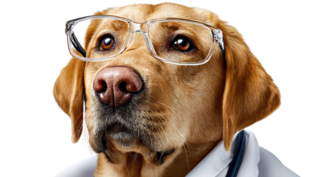 Clever Canine with Glasses: A smart, golden retriever sports eyeglasses and a professional coat, exuding intelligence and charm. The image speaks of a clever pet or a whimsical portrait.