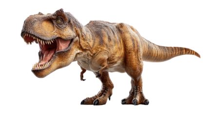 T.Rex in Attack Pose: A detailed close-up of a powerful Tyrannosaurus Rex in a dynamic attack stance, teeth bared in a fierce display of primal power.