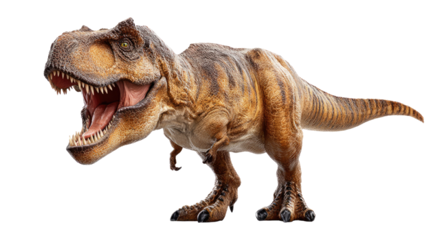 T.Rex in Attack Pose: A detailed close-up of a powerful Tyrannosaurus Rex in a dynamic attack stance, teeth bared in a fierce display of primal power.