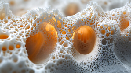 Porous organic structure with inner glow, closeup macro view