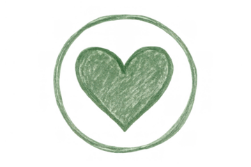 Green crayon drawn heart symbol inside a sketched circle representing love, romance, emotion, and care