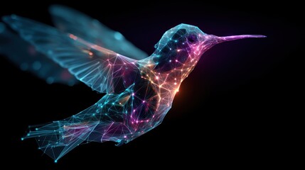 Fototapeta premium A vibrant, abstract digital hummingbird with glowing, geometric patterns against a dark background.