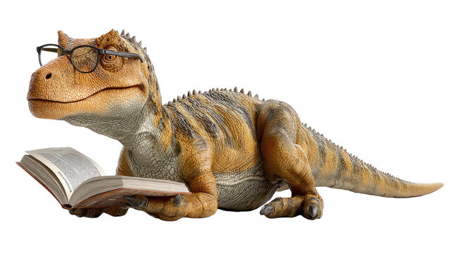 Smart Dinosaur with Book: A wise and intellectual dinosaur is engrossed in reading a book, wearing glasses that enhance its scholarly image.
