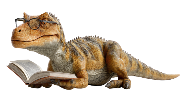 Smart Dinosaur with Book: A wise and intellectual dinosaur is engrossed in reading a book, wearing glasses that enhance its scholarly image.
