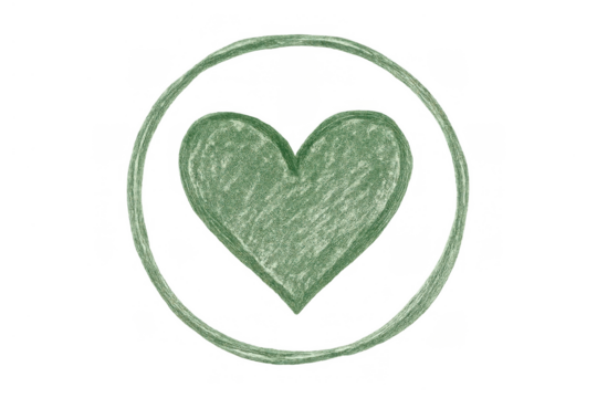 Green crayon drawn heart symbol inside a sketched circle representing love, romance, emotion, and care