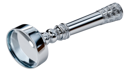 Magnifying Glass: A sleek, metallic magnifying glass, poised against a clear backdrop, ready to illuminate details, symbolizes clarity and the power of close examination. 
