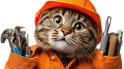 The Purr-fessional Builder: A feline construction worker with an orange helmet and tools ready for a job.