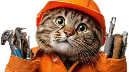 The Purr-fessional Builder: A feline construction worker with an orange helmet and tools ready for a job.