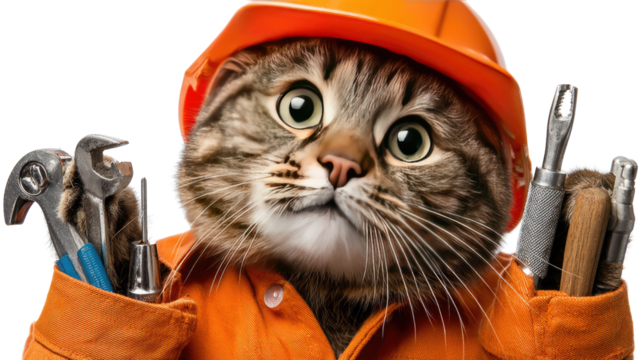 The Purr-fessional Builder: A feline construction worker with an orange helmet and tools ready for a job.