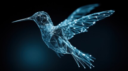 Fototapeta premium A blue, wireframe hummingbird with glowing eyes and wings, flying against a dark background.