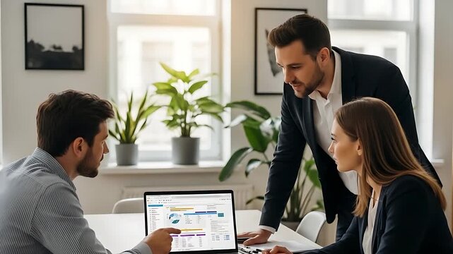 Business people collaborating on a project with data analysis shown on a laptop screen in office - Powered by Adobe