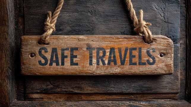 An old, weathered wooden sign with the words 'SAFE TRAVELS' hanging from a rope against a rustic wooden background.
