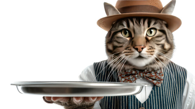 A Feline Waiter: A charming cat dressed in a vintage waiter's attire, ready to serve with a bow tie and holding a tray.
