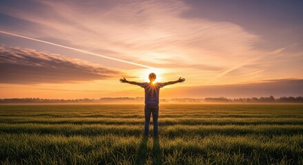 Person Enjoying Sunrise in Open Field
