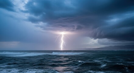 Lightning Bolt Over Ocean at Night