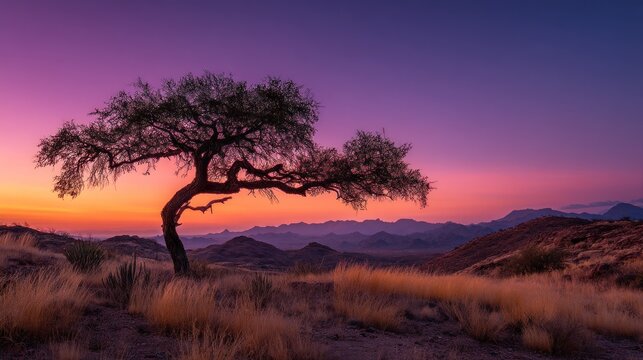 A lone tree stands in a vast, open field at sunset, its silhouette contrasting against the vibrant hues of the sky.