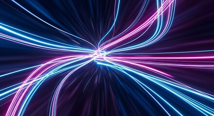Futuristic abstract background with glowing pink and blue neon light trails