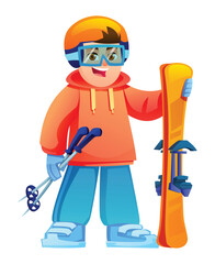 Smiling boy holding skis and poles wearing winter clothes and protective gear. Vector cartoon character illustration