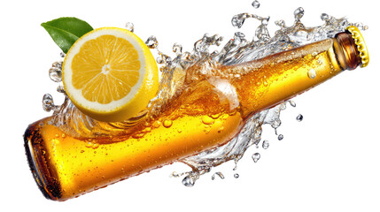 Refreshing Beverage: A chilled bottle of beer with a refreshing slice of lemon, with a splash of water, capturing the essence of a thirst-quenching moment.