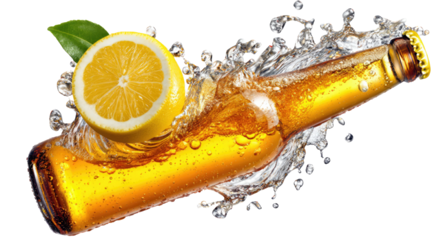 Refreshing Beverage: A chilled bottle of beer with a refreshing slice of lemon, with a splash of water, capturing the essence of a thirst-quenching moment.
