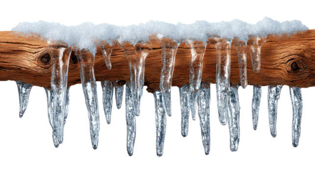 Winter's Icy Embrace: A branch adorned with a pristine layer of snow, delicate icicles hanging, creating a beautiful winter scenery.