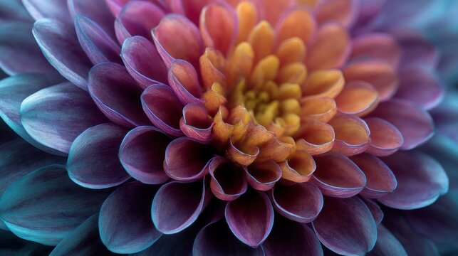 A vibrant, detailed close-up of a purple and orange flower with intricate petals, set against a dark, almost black background, with a subtle gradient of colors.
