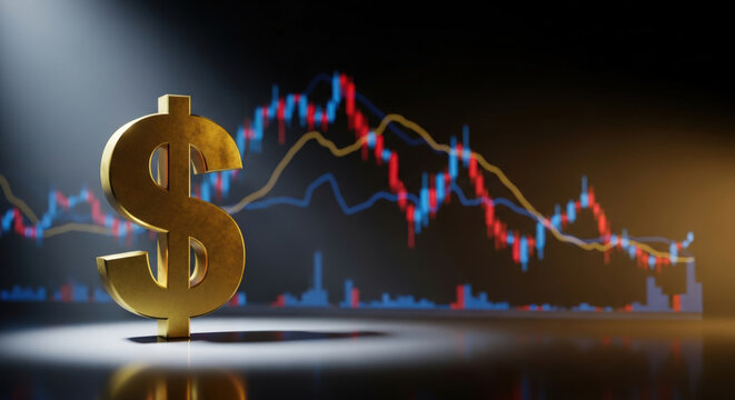 Economic Downturn and Financial Crisis A Dramatic Depiction of a Golden Dollar Sign Against a Backdrop of Declining Stock Market Charts Indicating Recession