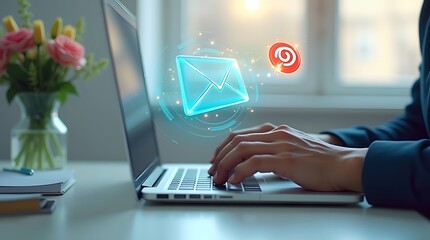 Digital communication a person's hands typing on a laptop with glowing email and notification icons, symbolizing online correspondence and connectivity