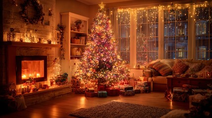 Warm cozy living room with decorated Christmas tree, fireplace, gifts, and glowing lights perfect for greeting banners.