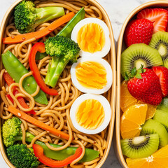 Tasty lunch box packed with noodles, sauteed vegetables, boiled eggs, and juicy fruit pieces, bright background