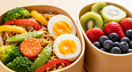 Tasty lunch box packed with noodles, sauteed vegetables, boiled eggs, and juicy fruit pieces, bright background