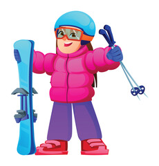 Fototapeta premium Happy girl holding skis and poles wearing a puffer jacket, helmet, and pants. Vector cartoon character illustration