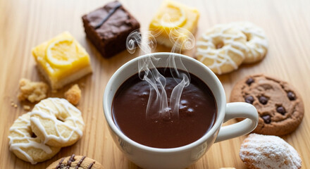 Top view of a cup of hot chocolate with swirling steam, surrounded by assorted snack cakes and cookies