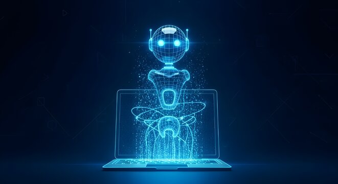 Futuristic holographic alien figure projected in blue light against a dark background