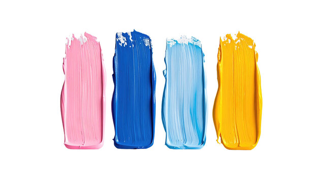 Four vertical swatches of thick paint, pink, blue, light blue, and yellow, on black