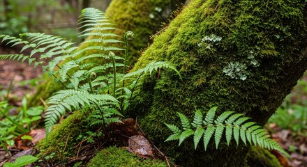 Ferns Growing on Mossy Forest Floor