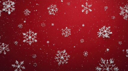 A red and white Christmas background with snowflakes and snow falling