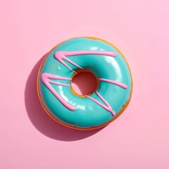 A vibrant blue glazed donut with pink icing on a pink background