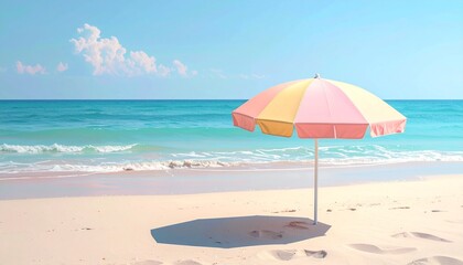 Tranquil beach scene with a colorful parasol by the ocean
